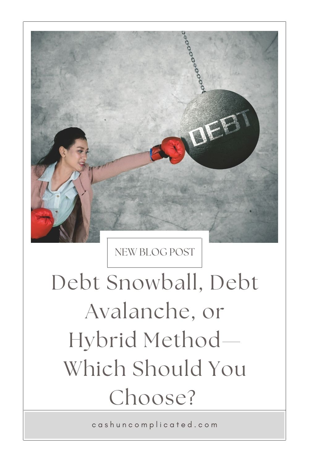Woman with boxing gloves hitting punching bag that has the word debt on it