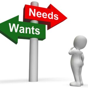 Wants vs needs sign with cartoon character looking at it