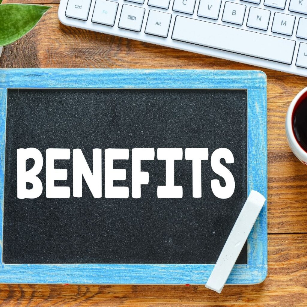 Benefits sign next to a computer keypad