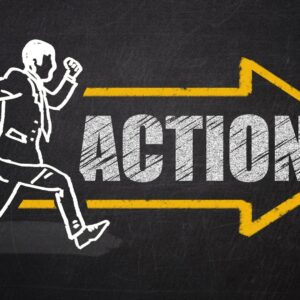 The word action with people running towards an arrow 