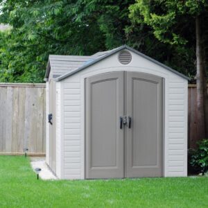 Backyard shed on top of grass