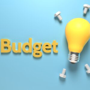 The word budget surrounded by lightbulb and screws